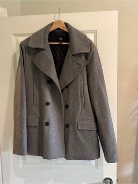 H&M Gray Double-Breasted Peacoat with Quilted Lining